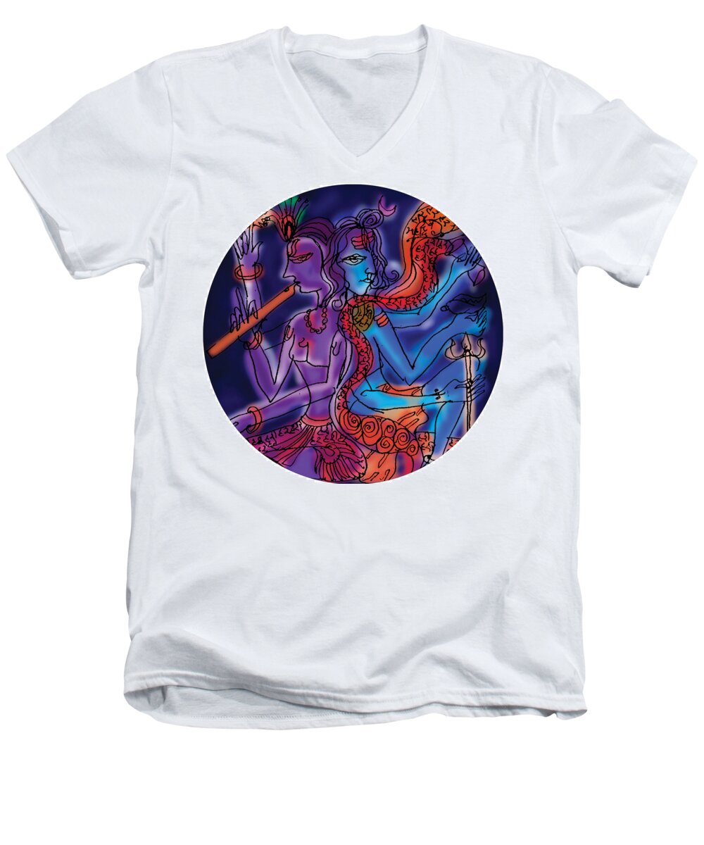 Shiva Men's V-Neck T-Shirt featuring the painting Shiva and Krishna by Guruji Aruneshvar Paris Art Curator Katrin Suter