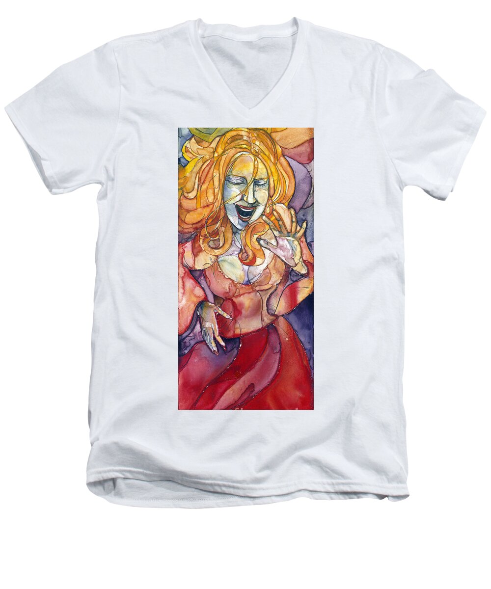 Watercolor Men's V-Neck T-Shirt featuring the painting Singing Lady Pop by Amy Stielstra