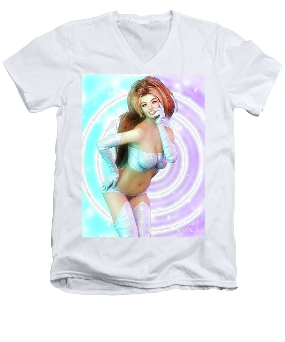 Pin-up Men's V-Neck T-Shirt featuring the digital art Sixties Mod Pin-Up by Alicia Hollinger
