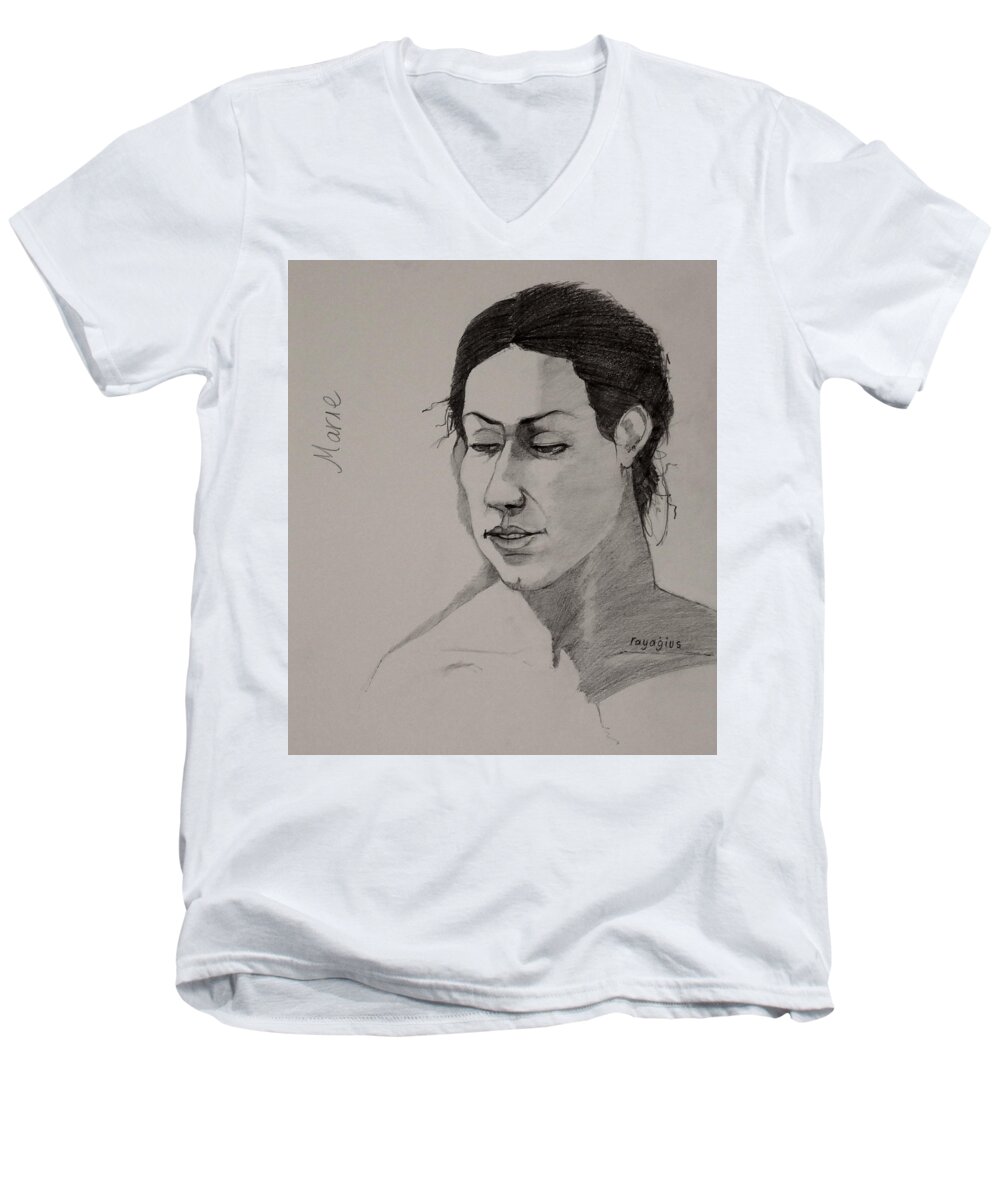 Female Men's V-Neck T-Shirt featuring the drawing Sketch for Marie 2 by Ray Agius