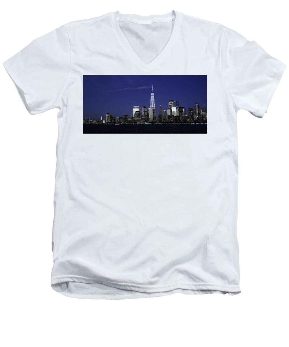 Skyline Men's V-Neck T-Shirt featuring the photograph Skyline at Night by Daniel Carvalho