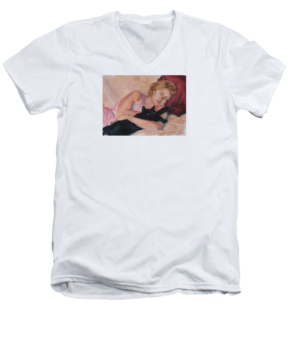 Portrait Men's V-Neck T-Shirt featuring the painting Sleeping with Fur by Connie Schaertl