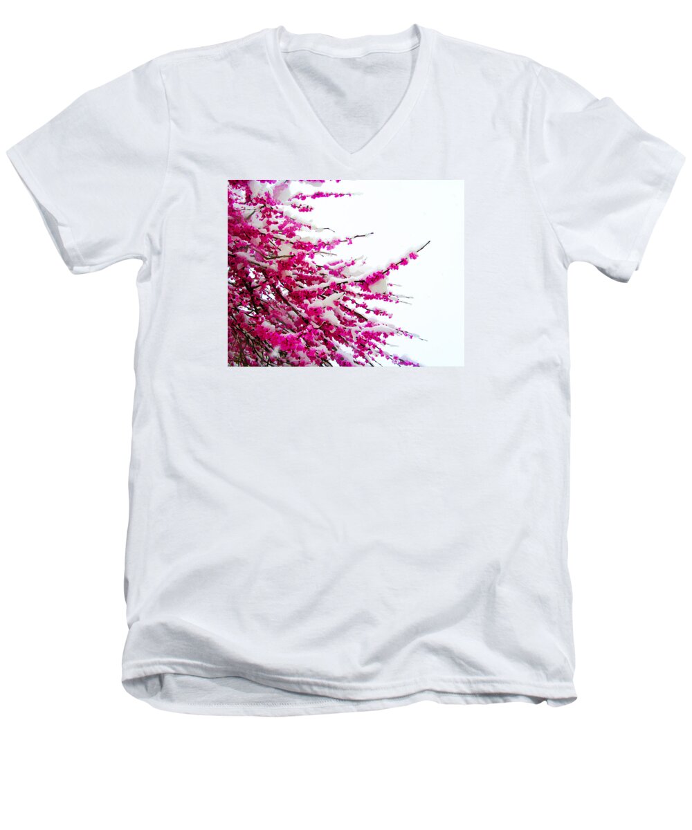 Susan Vineyard Men's V-Neck T-Shirt featuring the photograph Snow Blossoms by Susan Vineyard