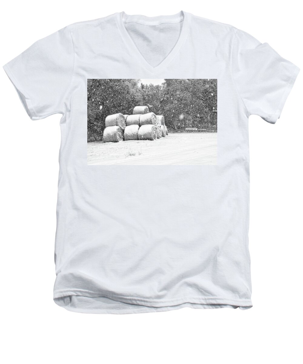 Chisolm Men's V-Neck T-Shirt featuring the photograph Snow Covered Hay Bales by Scott Hansen