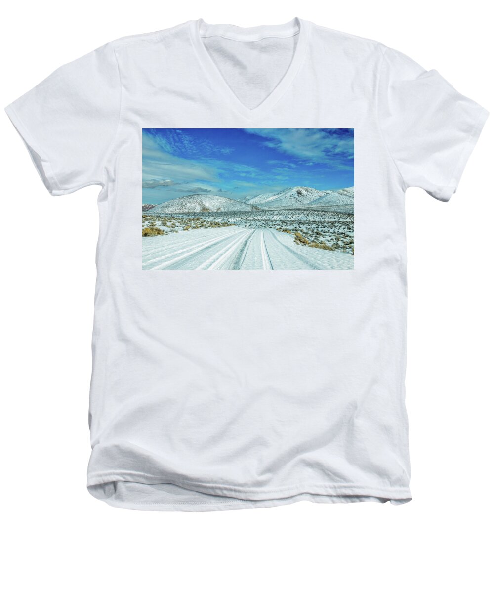 California Men's V-Neck T-Shirt featuring the photograph Snow in Death Valley by Peter Tellone