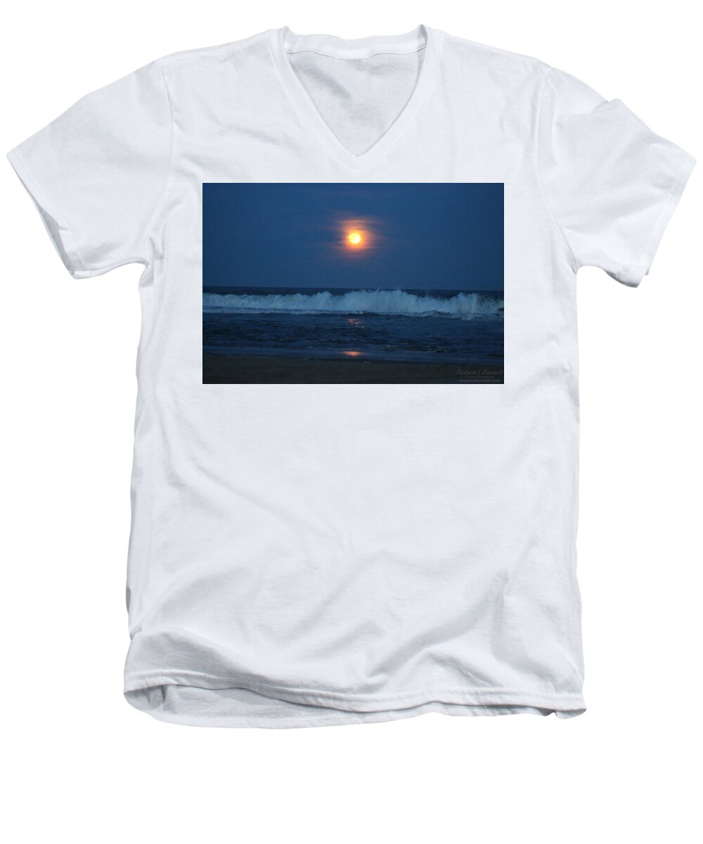 Snow Moon Men's V-Neck T-Shirt featuring the photograph Snow Moon Ocean Waves by Robert Banach