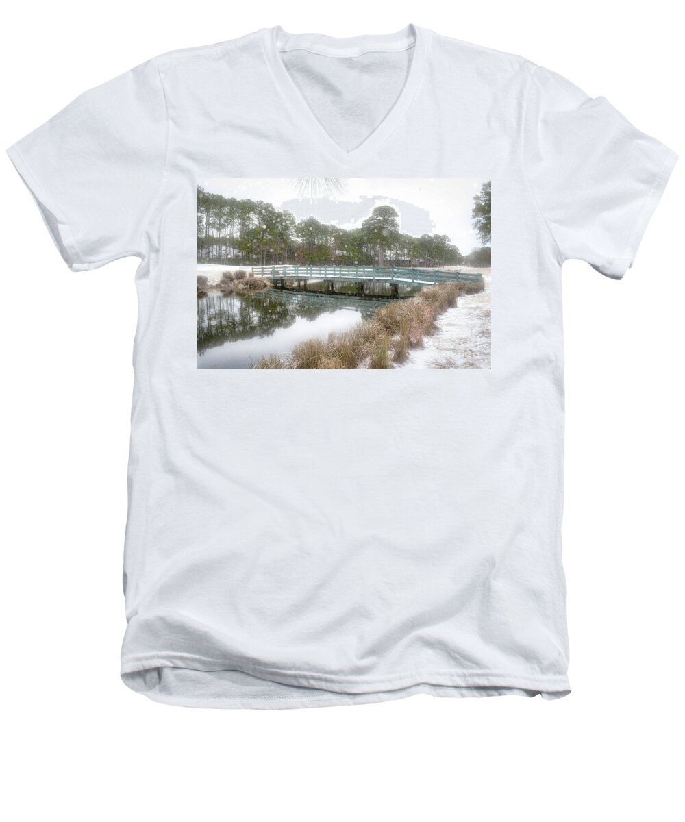 Scenic Men's V-Neck T-Shirt featuring the photograph Snow Storm 1 by Kathy Baccari
