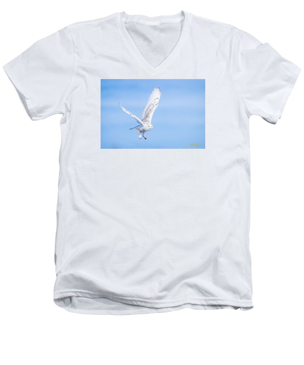 Animals Men's V-Neck T-Shirt featuring the photograph Snowy Owls Soaring by Rikk Flohr