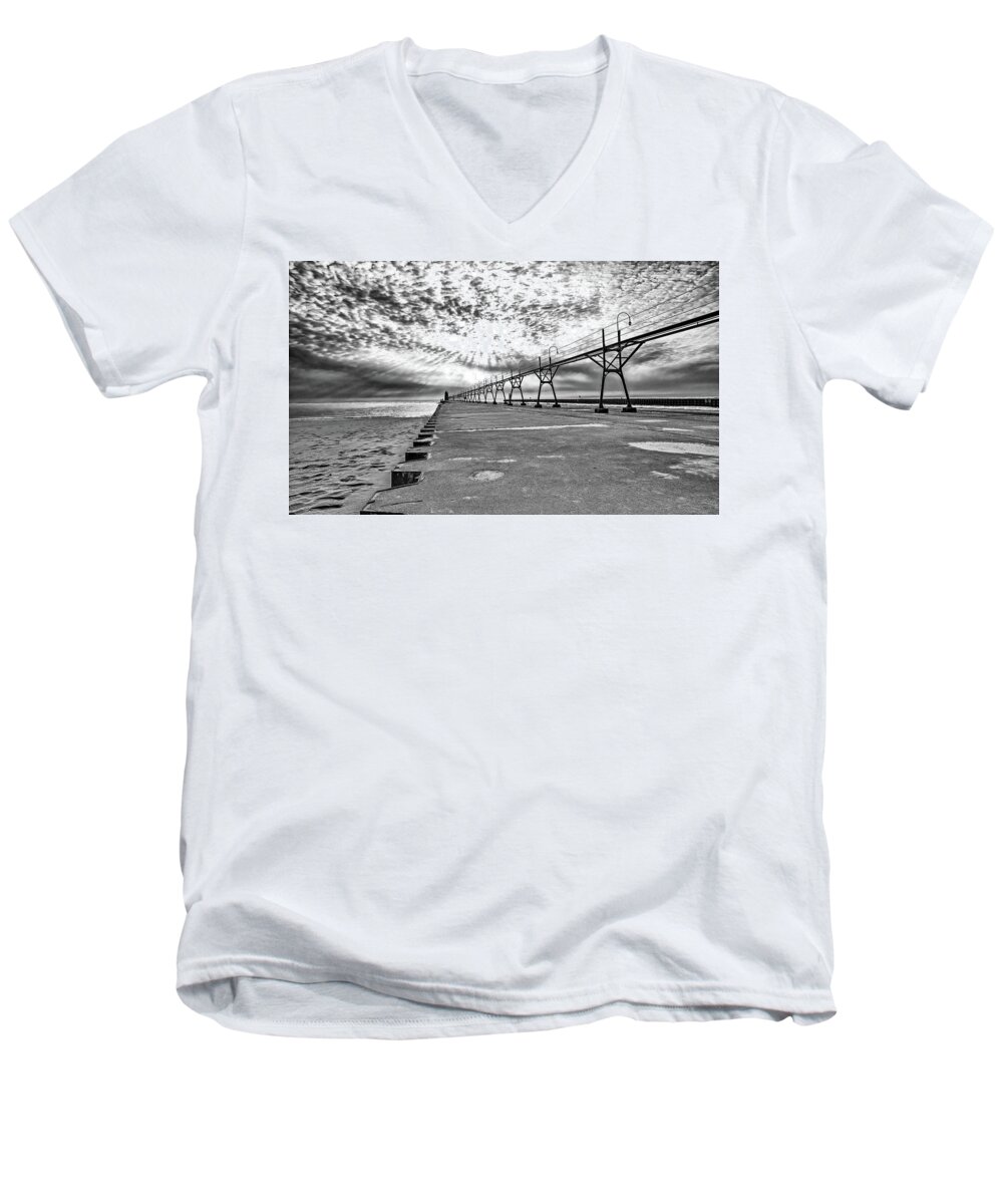 Mi Men's V-Neck T-Shirt featuring the photograph South Haven Pier WIde Angle by Pat Cook