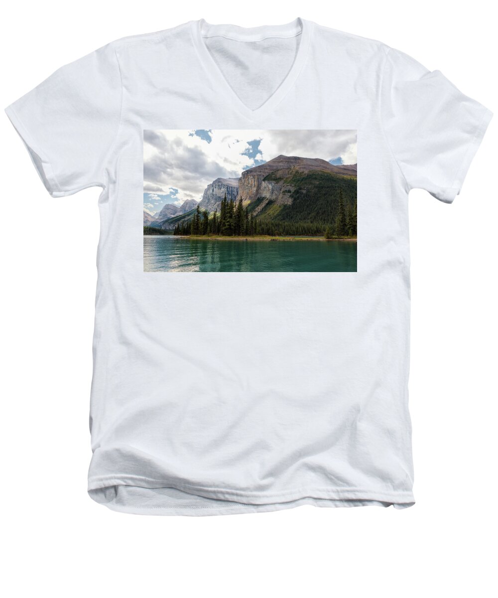 Alberta Canada Men's V-Neck T-Shirt featuring the photograph Spirit Island and Queen Victoria Mountains by Dennis Kowalewski