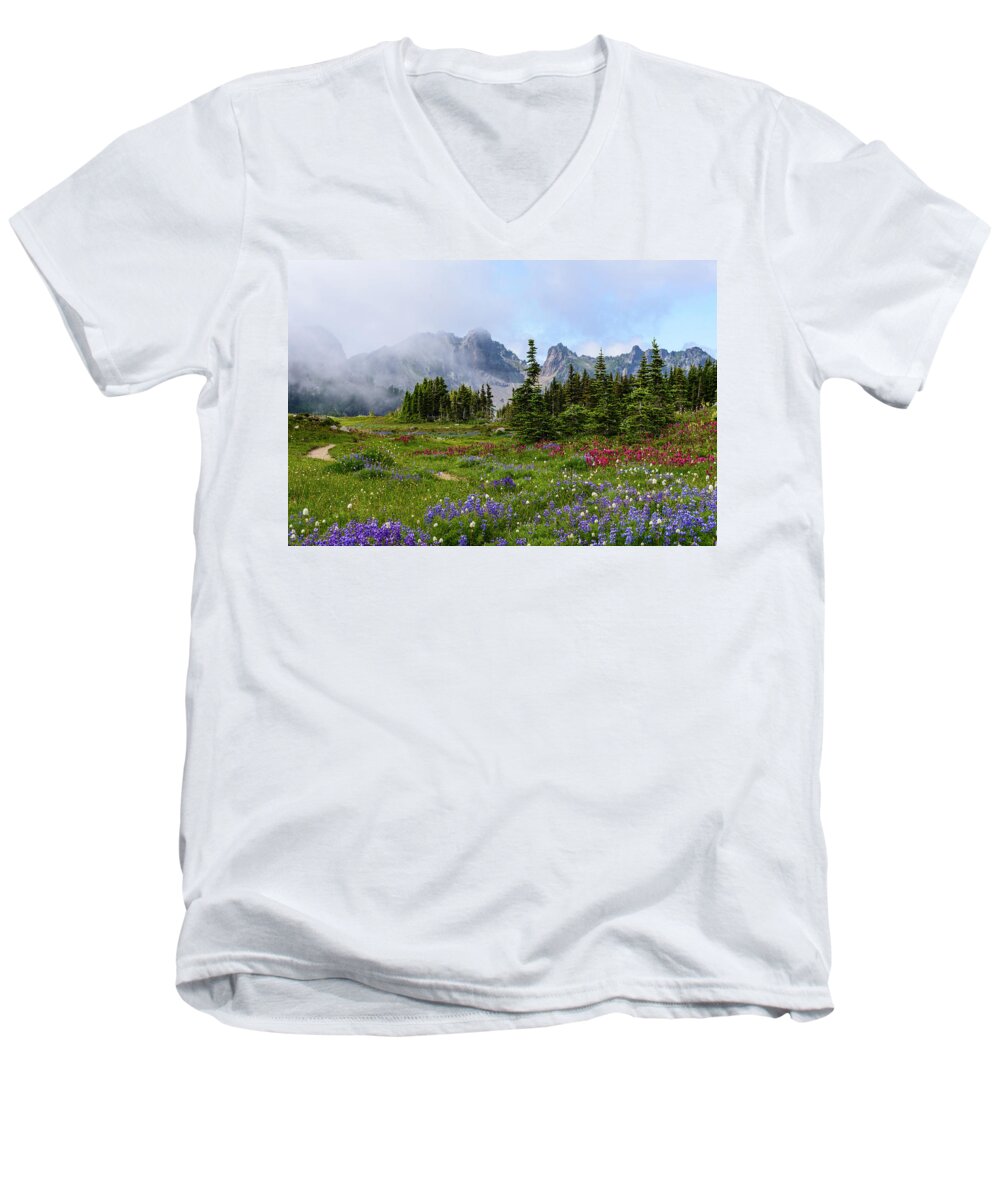 Flower Men's V-Neck T-Shirt featuring the digital art Spray Park in Mount Rainier by Michael Lee