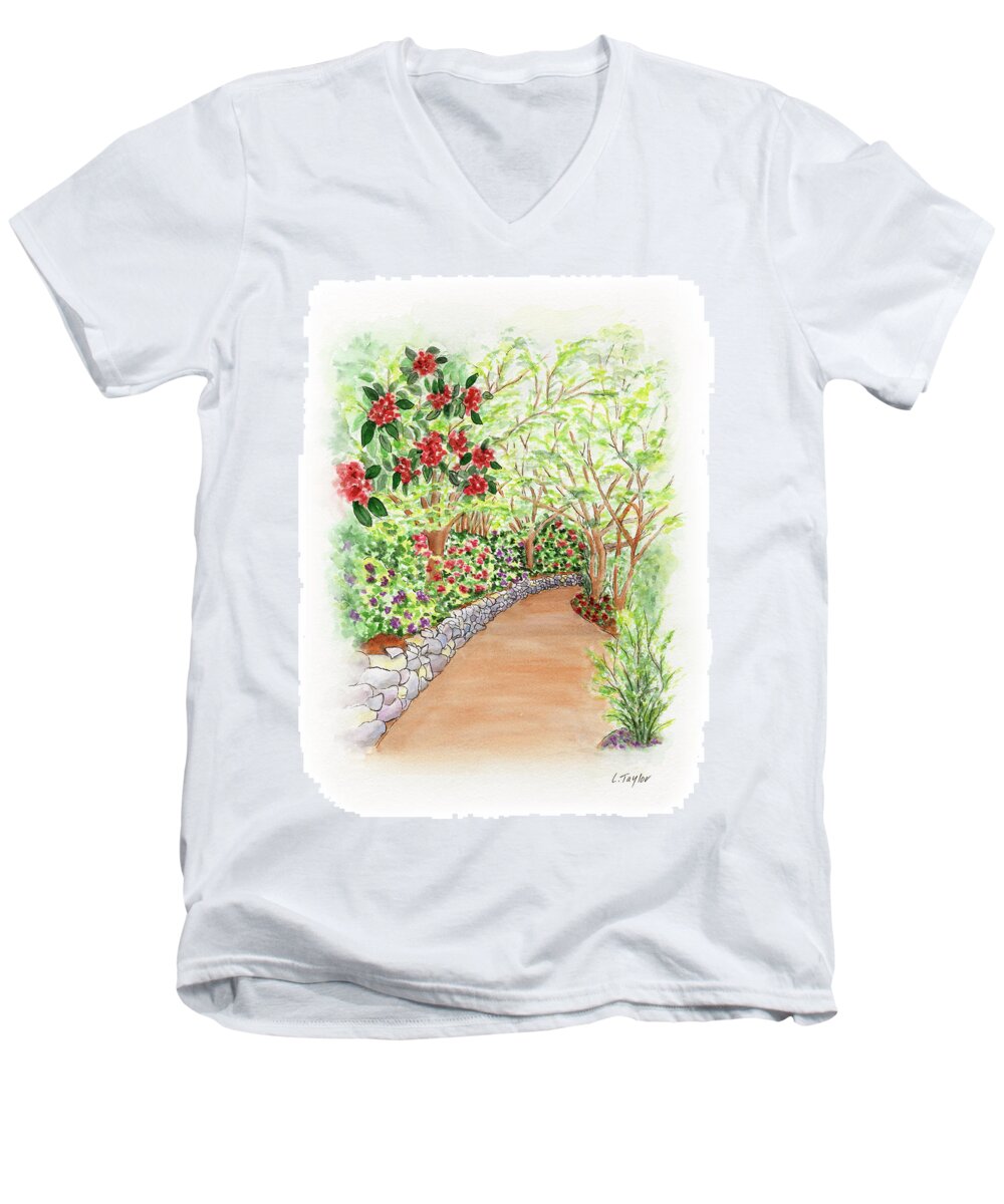 Lithia Park Men's V-Neck T-Shirt featuring the painting Spring Rhodies by Lori Taylor