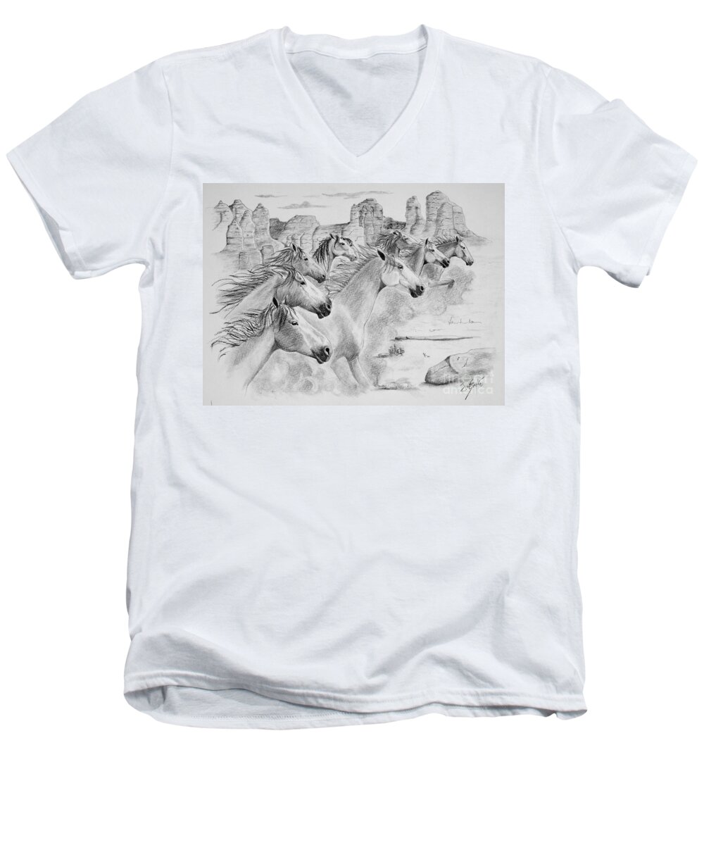 Mustangs Men's V-Neck T-Shirt featuring the drawing Stampede In Sedona by Joette Snyder