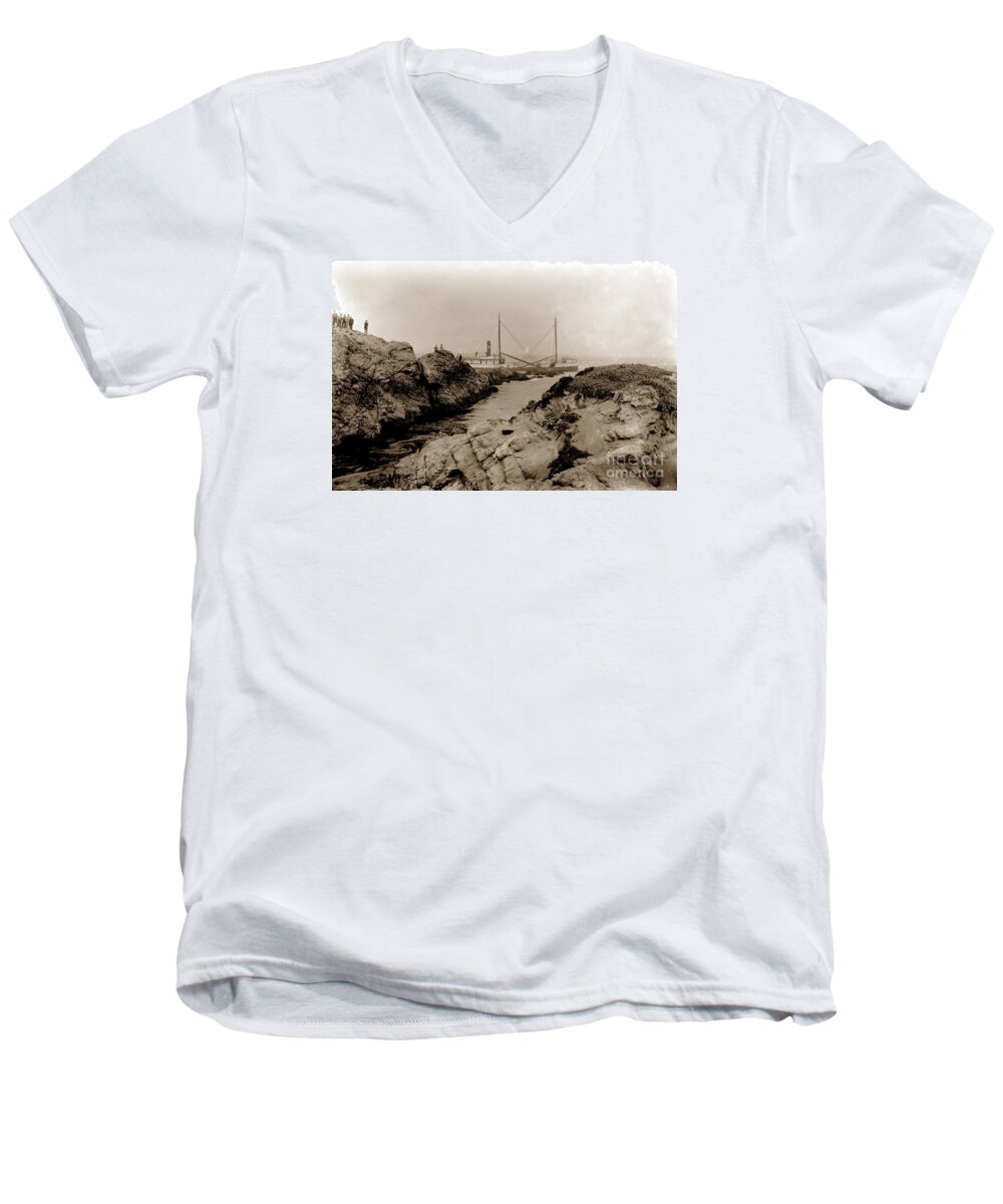 Steam Schooner Men's V-Neck T-Shirt featuring the photograph Steam schooner S S J. B. Stetson, ran aground at Cypress Point, Sep. 1934 by Monterey County Historical Society
