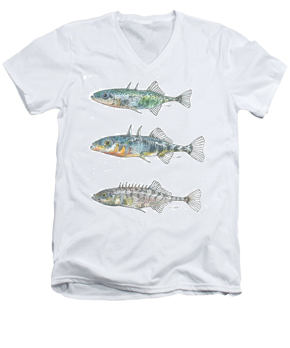  Men's V-Neck T-Shirt featuring the drawing Stickleback Trio Color by Eduard Meinema