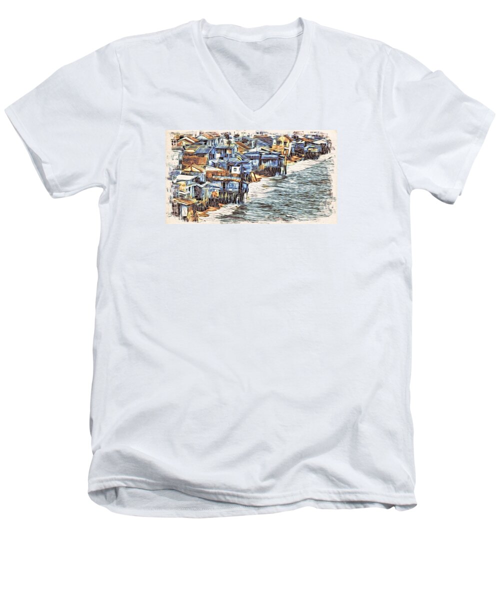 Asia Men's V-Neck T-Shirt featuring the digital art Stiltsville by Cameron Wood