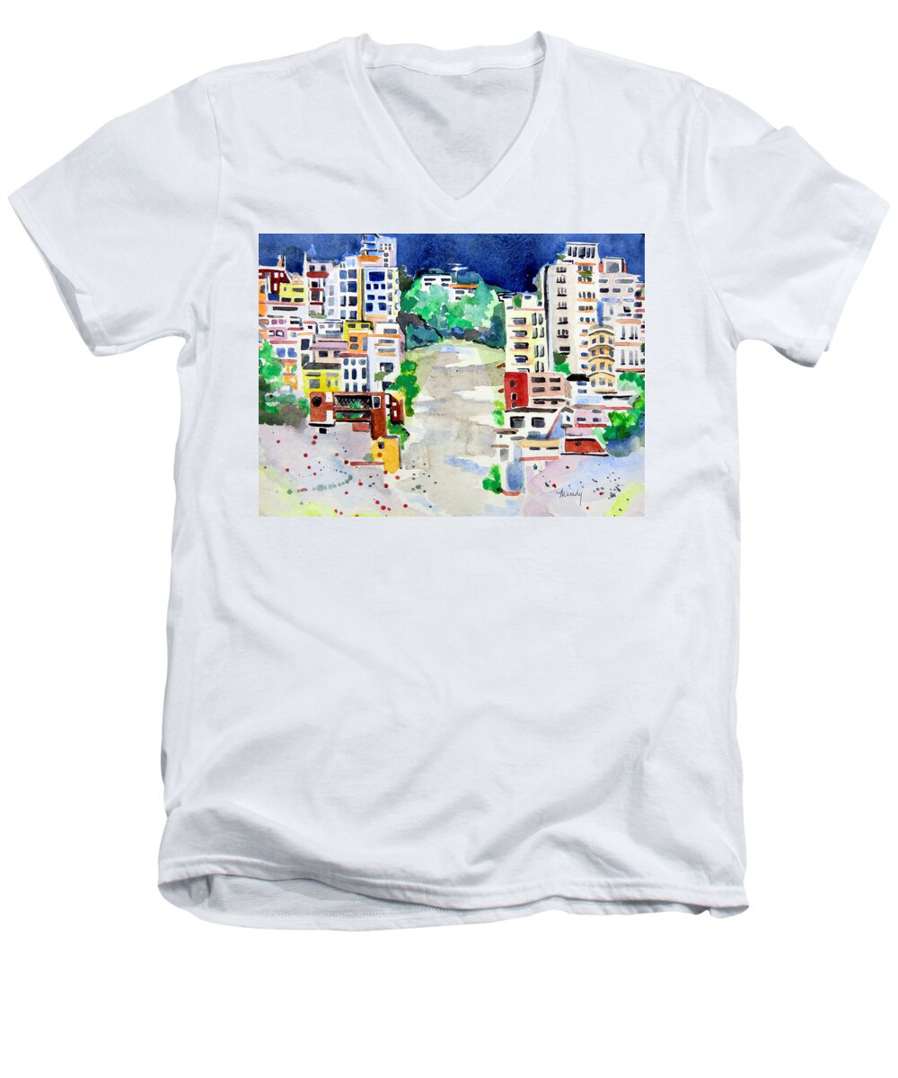 San Francisco Men's V-Neck T-Shirt featuring the painting Streets of San Francsico by Mindy Newman