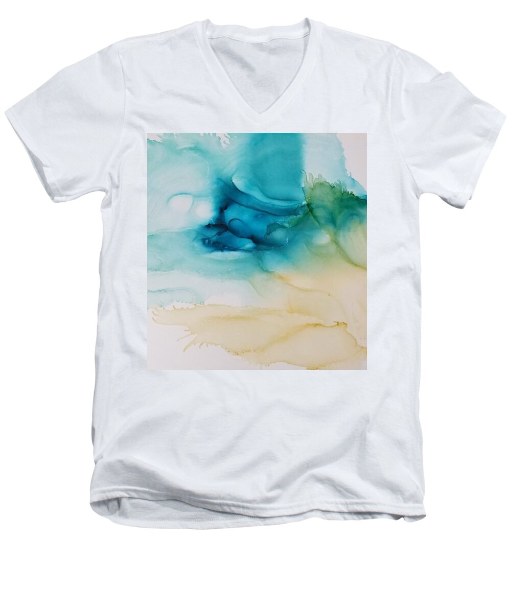Landscape Turquoise Aqua Cream Green Blue White Decor Summer Sunshine Ocean Beach Abstract Alcohol Ink Yupo Men's V-Neck T-Shirt featuring the painting Summer Day by Kelly Dallas