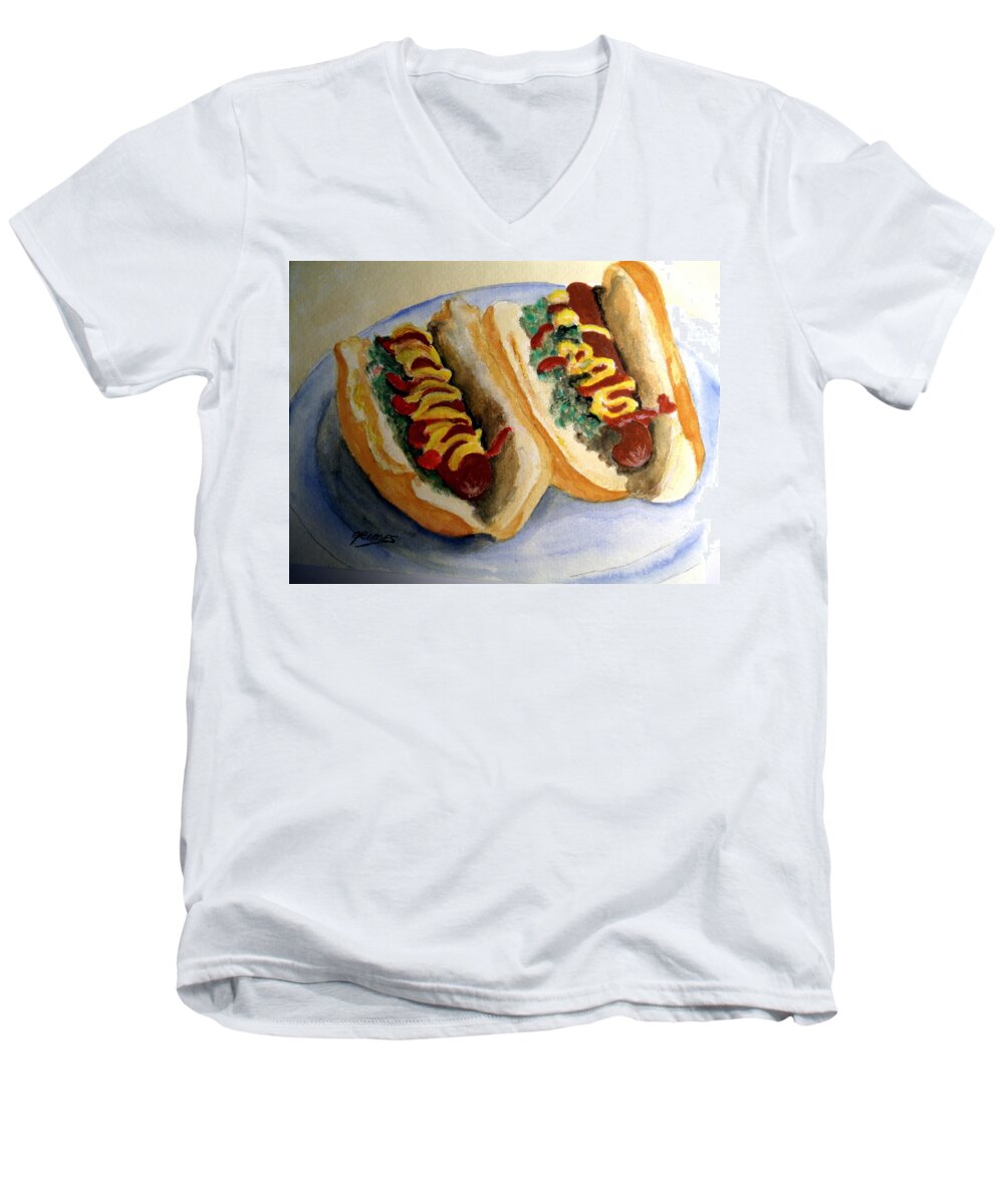 Hot Dogs Men's V-Neck T-Shirt featuring the painting Summer Hot Dogs by Carol Grimes