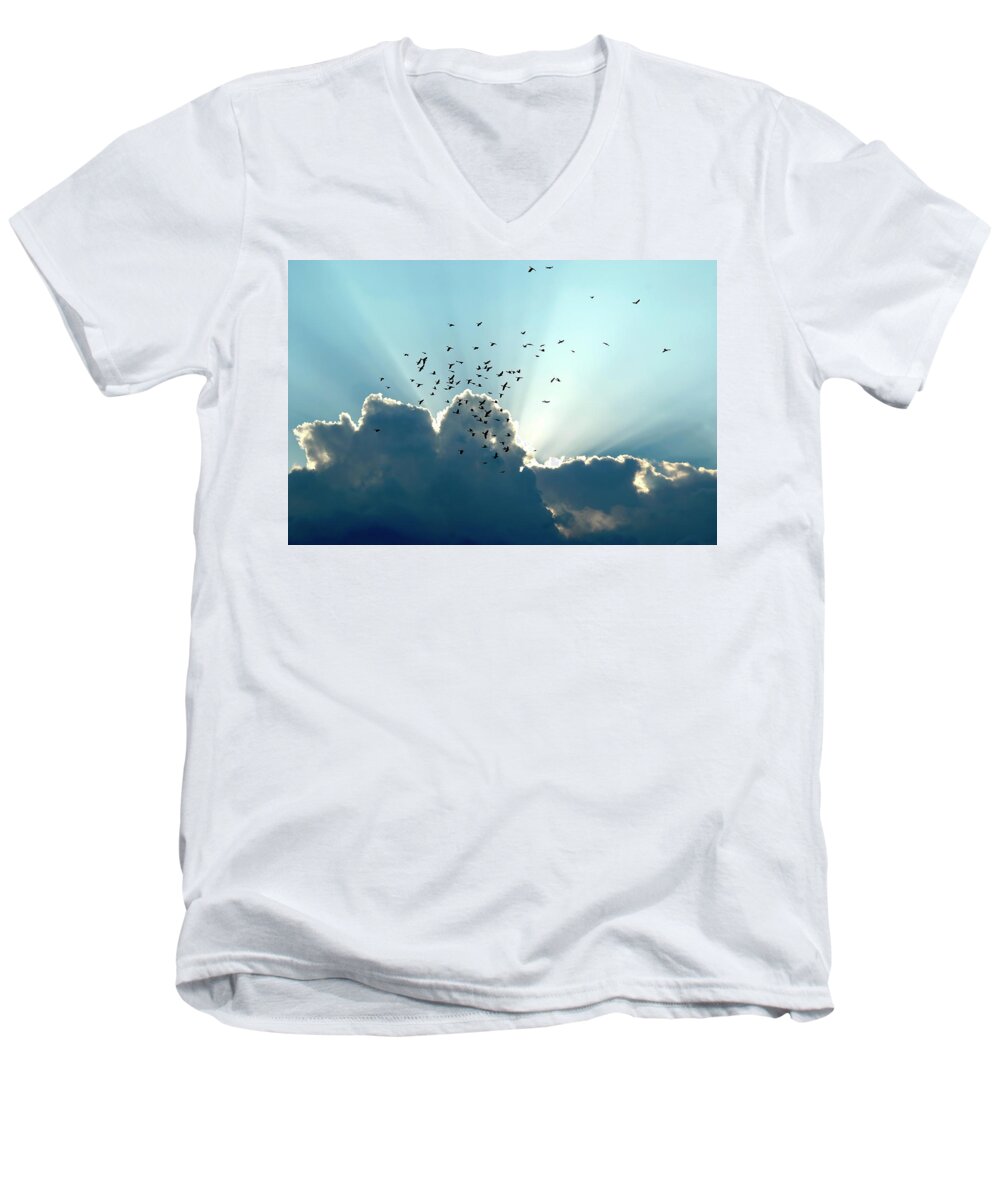 Sky Men's V-Neck T-Shirt featuring the photograph Sun Ray Aerobatics Blue Sky by Carolyn Marshall