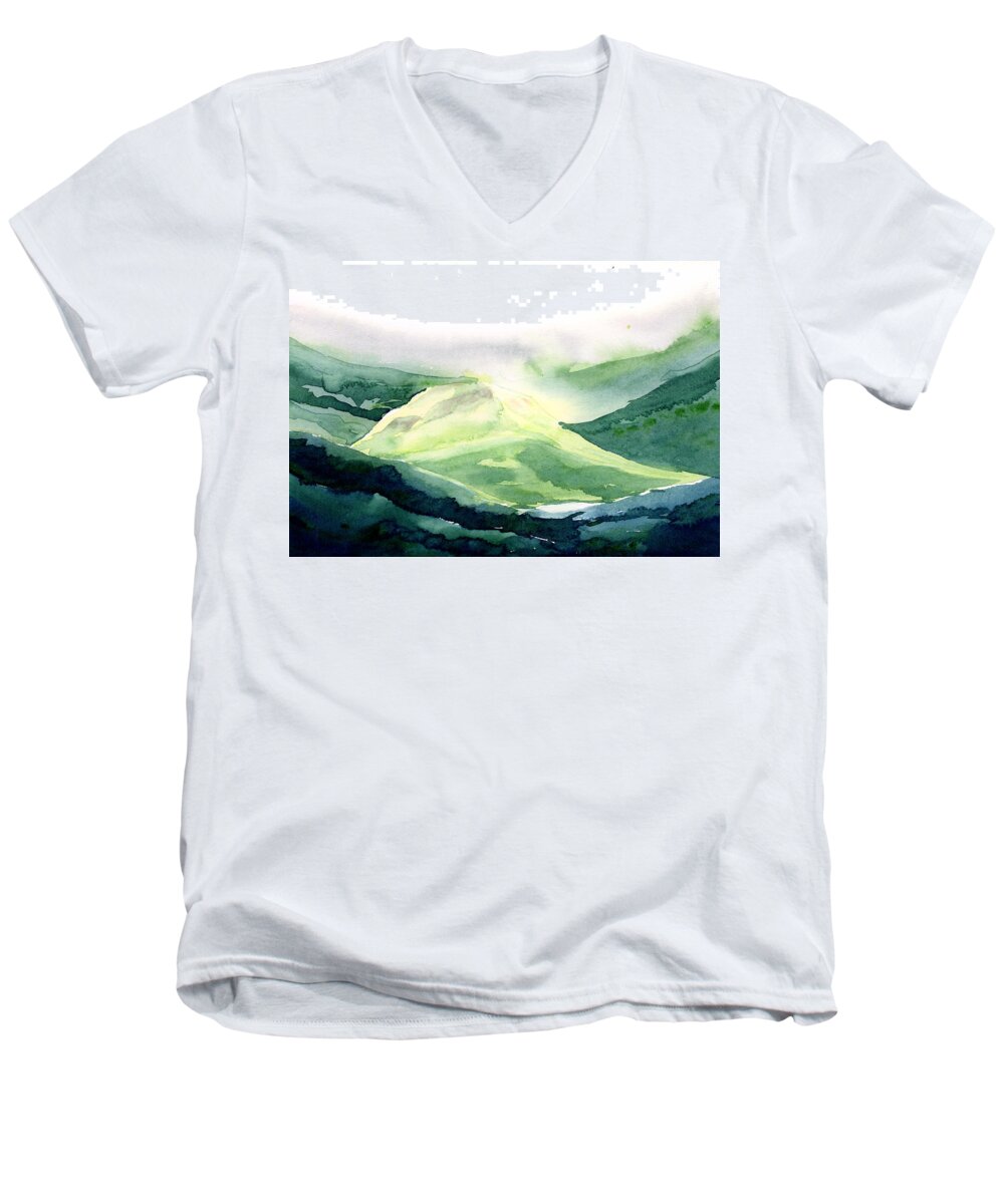 Landscape Men's V-Neck T-Shirt featuring the painting Sunlit Mountain by Anil Nene
