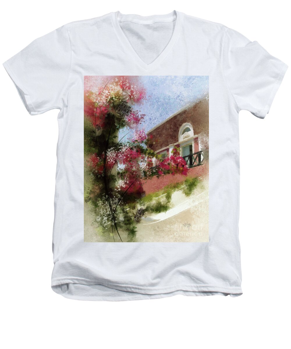 Santorini Men's V-Neck T-Shirt featuring the digital art Sunny Santorini by Lois Bryan