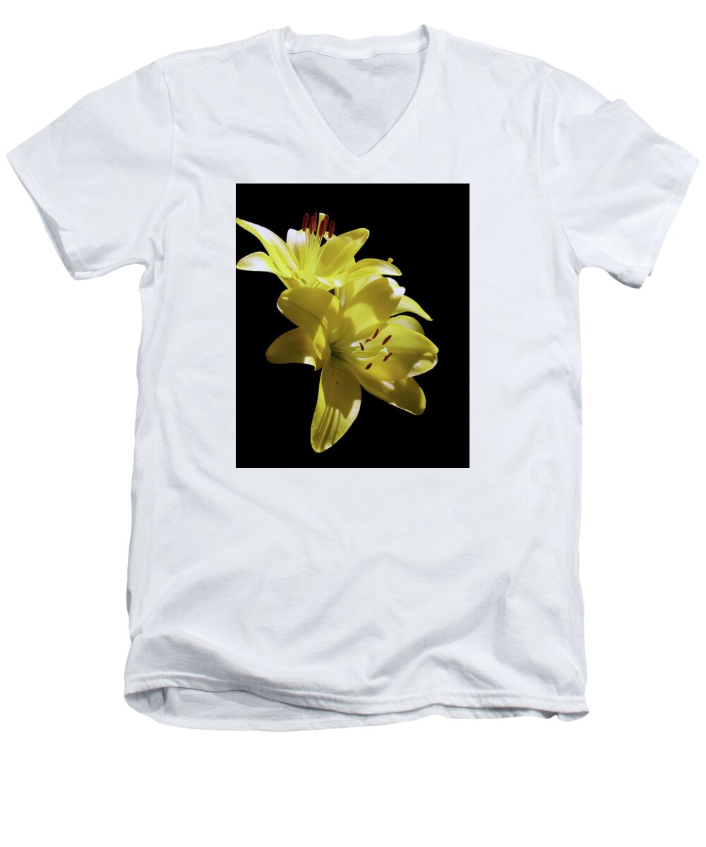 Lily Men's V-Neck T-Shirt featuring the photograph Sunny Yellow Lilies by Johanna Hurmerinta