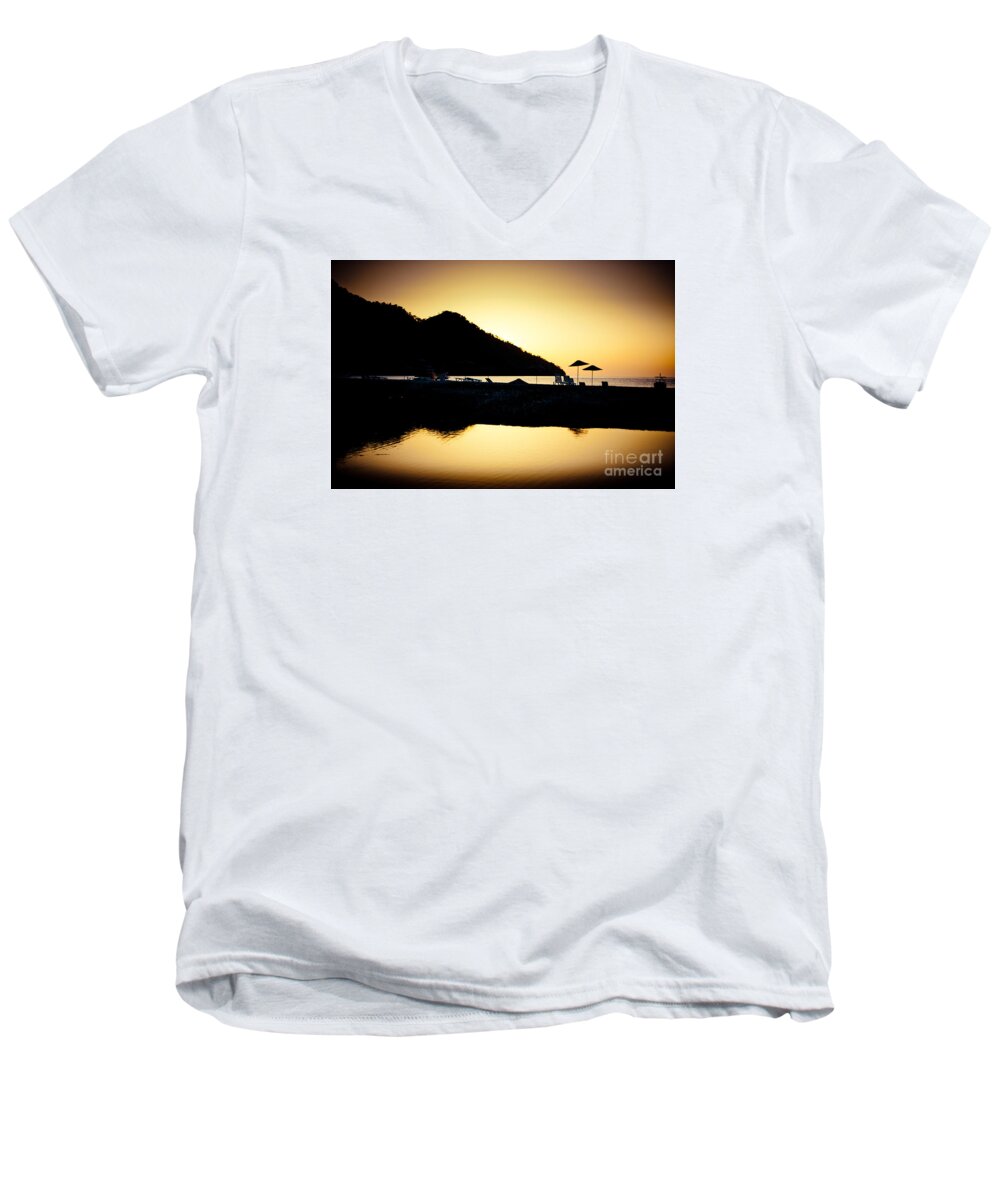 Water Men's V-Neck T-Shirt featuring the photograph Sunrise At Sea Coast Brown by Raimond Klavins