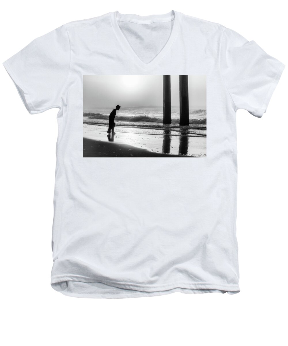 Beach Men's V-Neck T-Shirt featuring the photograph Sunrise Boy in Foggy Beach by John McGraw