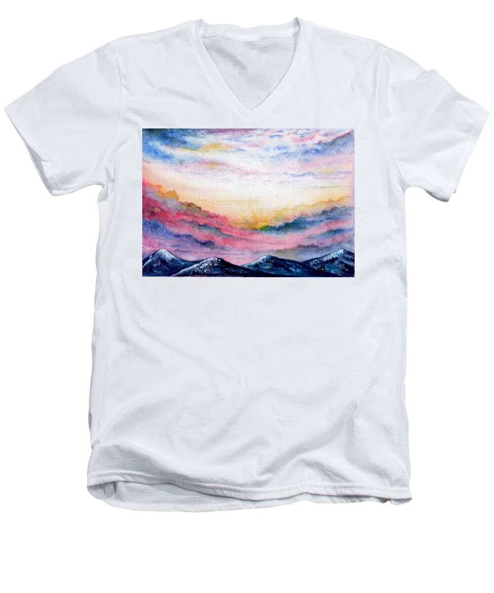 Watercolor Men's V-Neck T-Shirt featuring the painting Sunrise by Brenda Owen