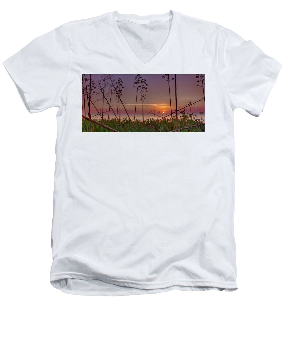 Sunrise Men's V-Neck T-Shirt featuring the photograph Sunrise Palm Blooms by Dillon Kalkhurst