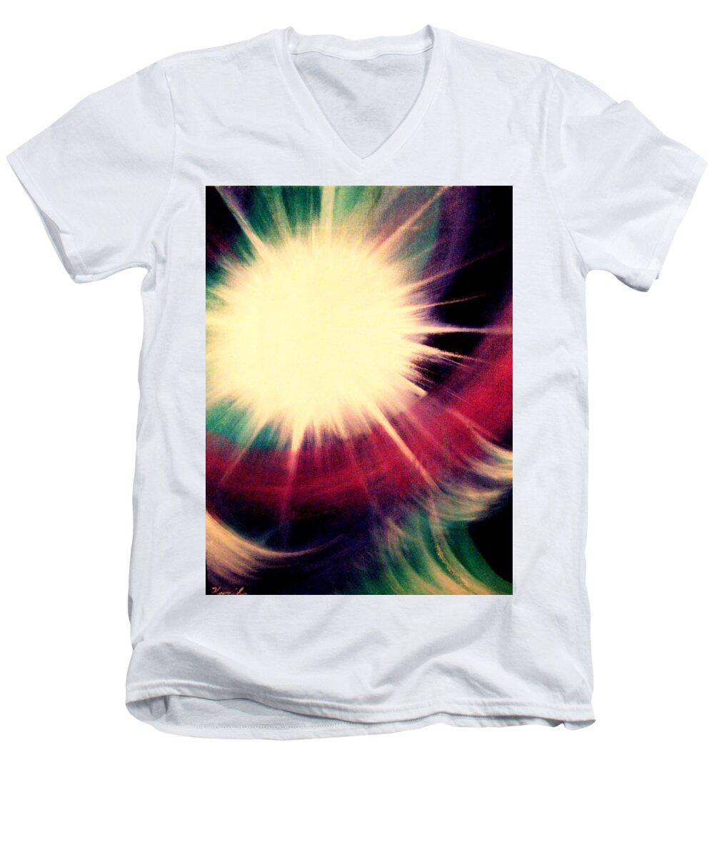 Sunrise Men's V-Neck T-Shirt featuring the painting Sunrise symphony by Kumiko Mayer