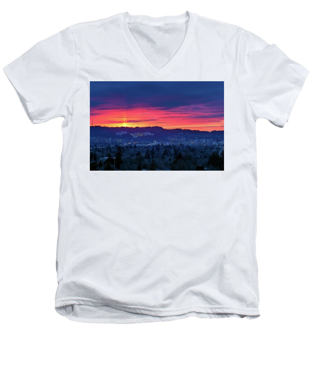 Sunset Men's V-Neck T-Shirt featuring the photograph Sunset over Marquam HIll by David Gn