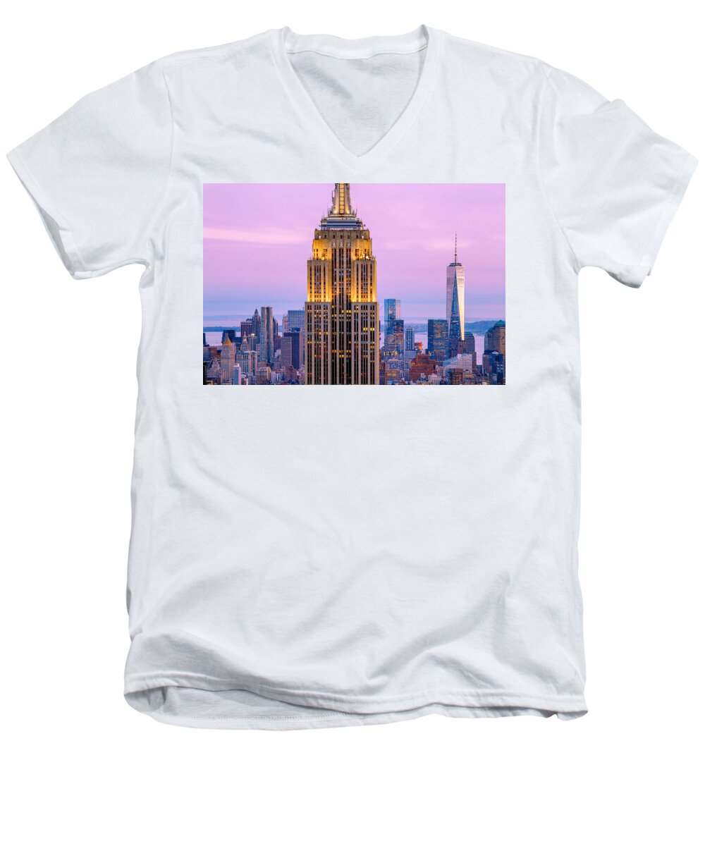 Empire State Building Men's V-Neck T-Shirt featuring the photograph Sunset Skyscrapers by Az Jackson