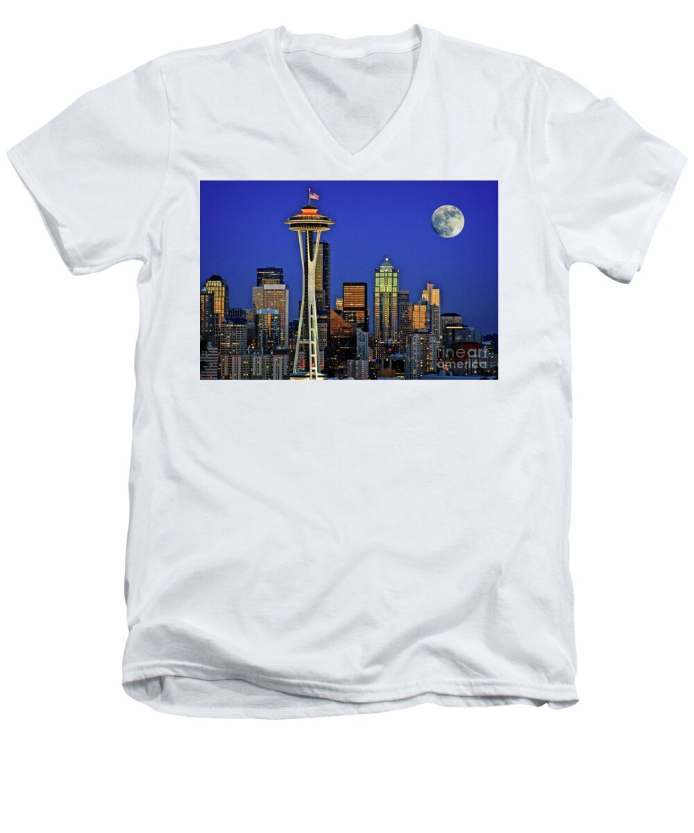 Seattle Skyline Men's V-Neck T-Shirt featuring the photograph Super Moon Over Seattle by Sal Ahmed