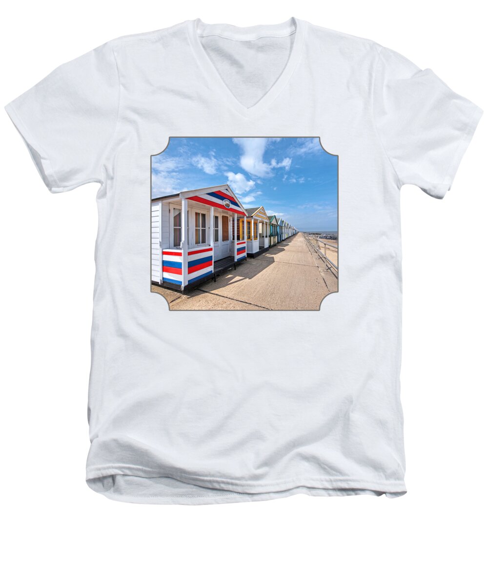 Colorful Beach Huts Men's V-Neck T-Shirt featuring the photograph Surf's Up - Colorful Beach Huts by Gill Billington