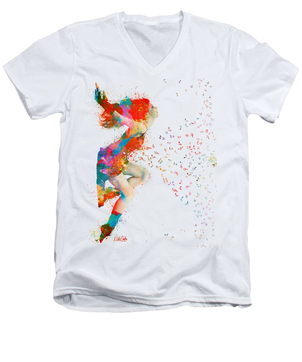 Song Men's V-Neck T-Shirt featuring the digital art Sweet Jenny Bursting with Music by Nikki Smith