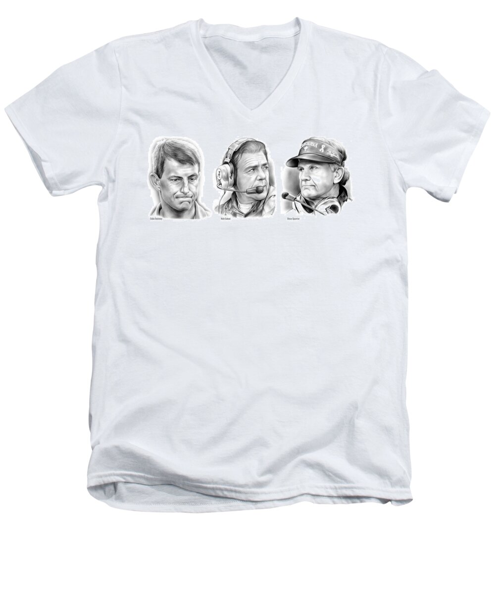 Coaches Men's V-Neck T-Shirt featuring the drawing Swinney Saban Spurrier by Greg Joens