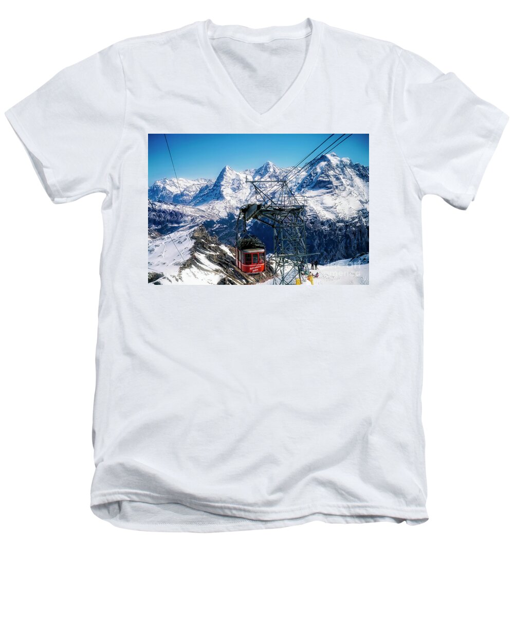 Switzerland Men's V-Neck T-Shirt featuring the photograph Switzerland Alps Schilthorn Bahn Cable Car by Tom Jelen