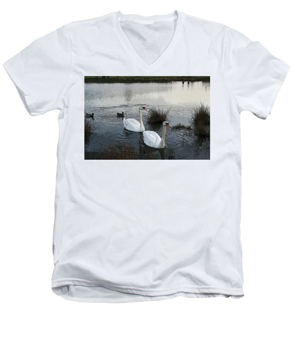 Swan Men's V-Neck T-Shirt featuring the photograph Symmetry - altered by Aggy Duveen