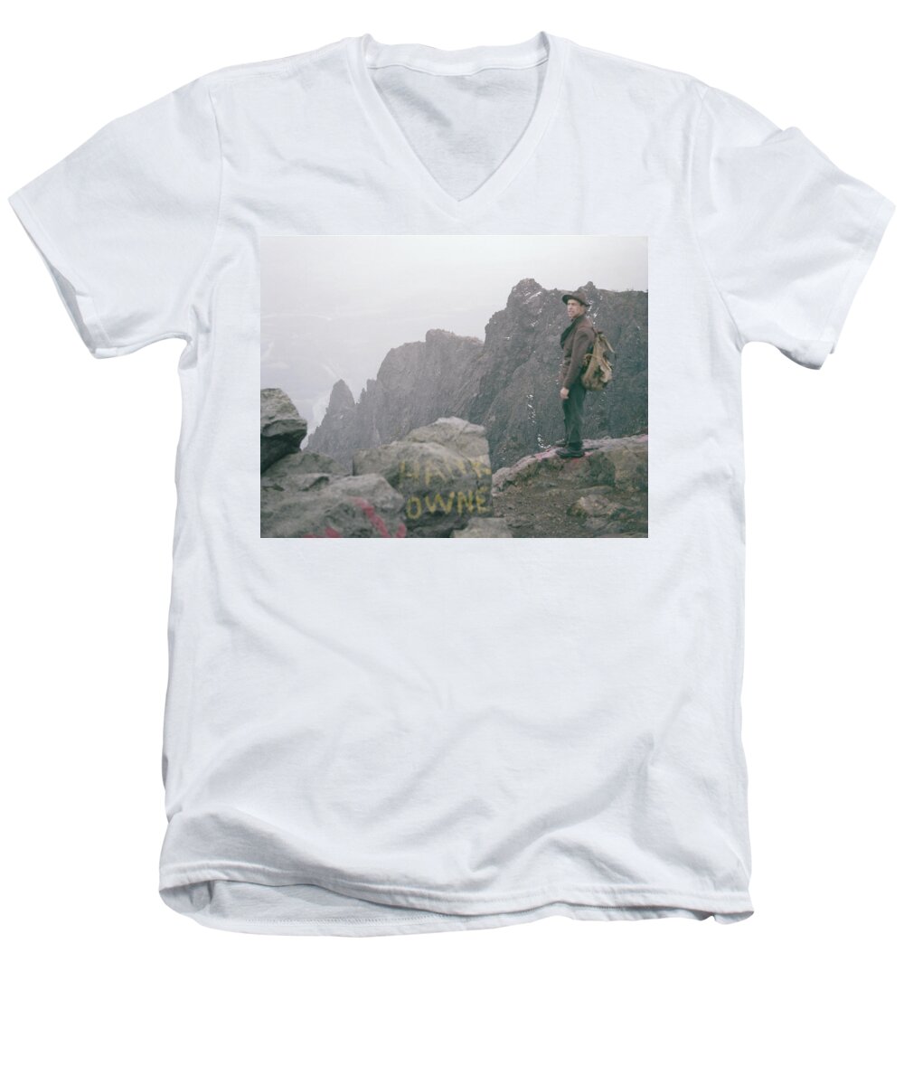 Fred Beckey Men's V-Neck T-Shirt featuring the photograph T-04701 Fred Beckey on Mt. Si 1958 by Ed Cooper Photography