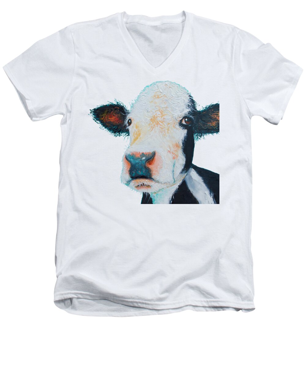 Hereford Cow Men's V-Neck T-Shirt featuring the painting T-Shirt with cow design by Jan Matson