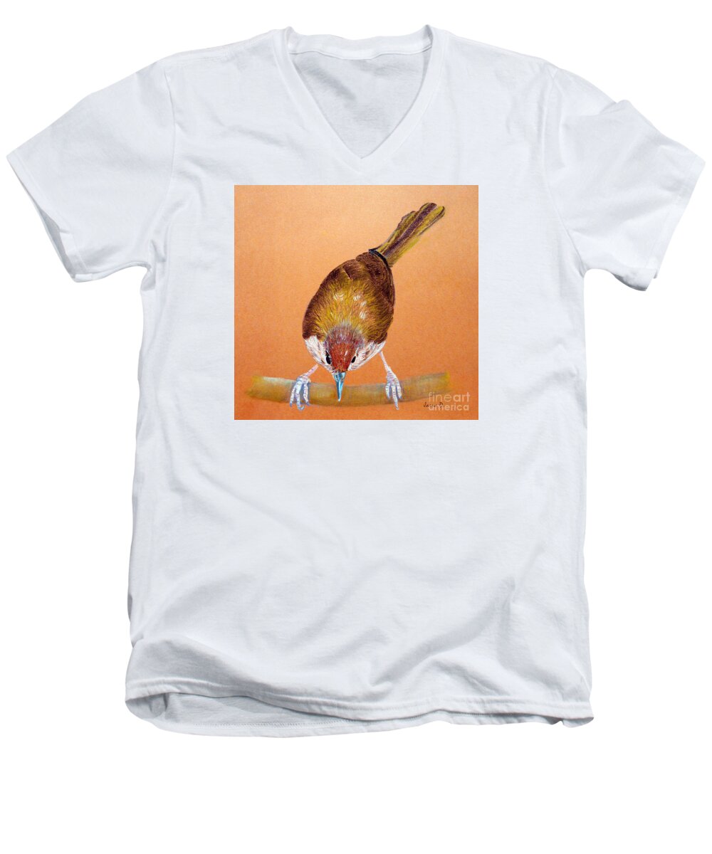 Tailor Bird Men's V-Neck T-Shirt featuring the drawing Tailor Bird by Jasna Dragun