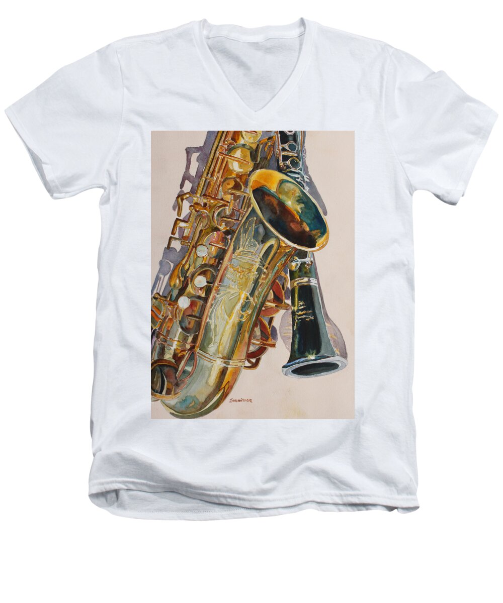 Saxophone Men's V-Neck T-Shirt featuring the painting Taking a Shine to Each Other by Jenny Armitage