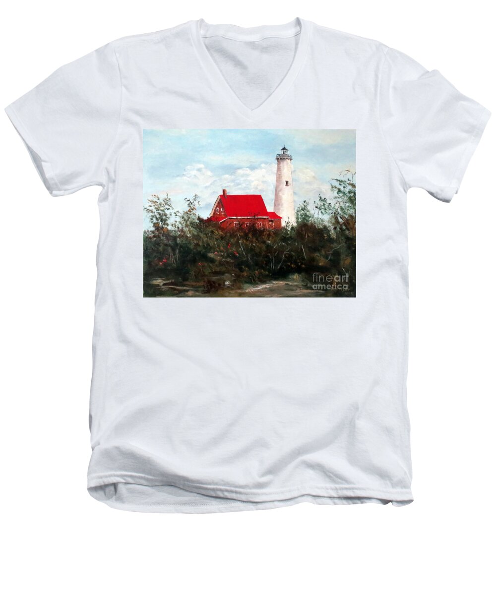 Tawas Lighthouse Men's V-Neck T-Shirt featuring the painting Tawas by Lee Piper