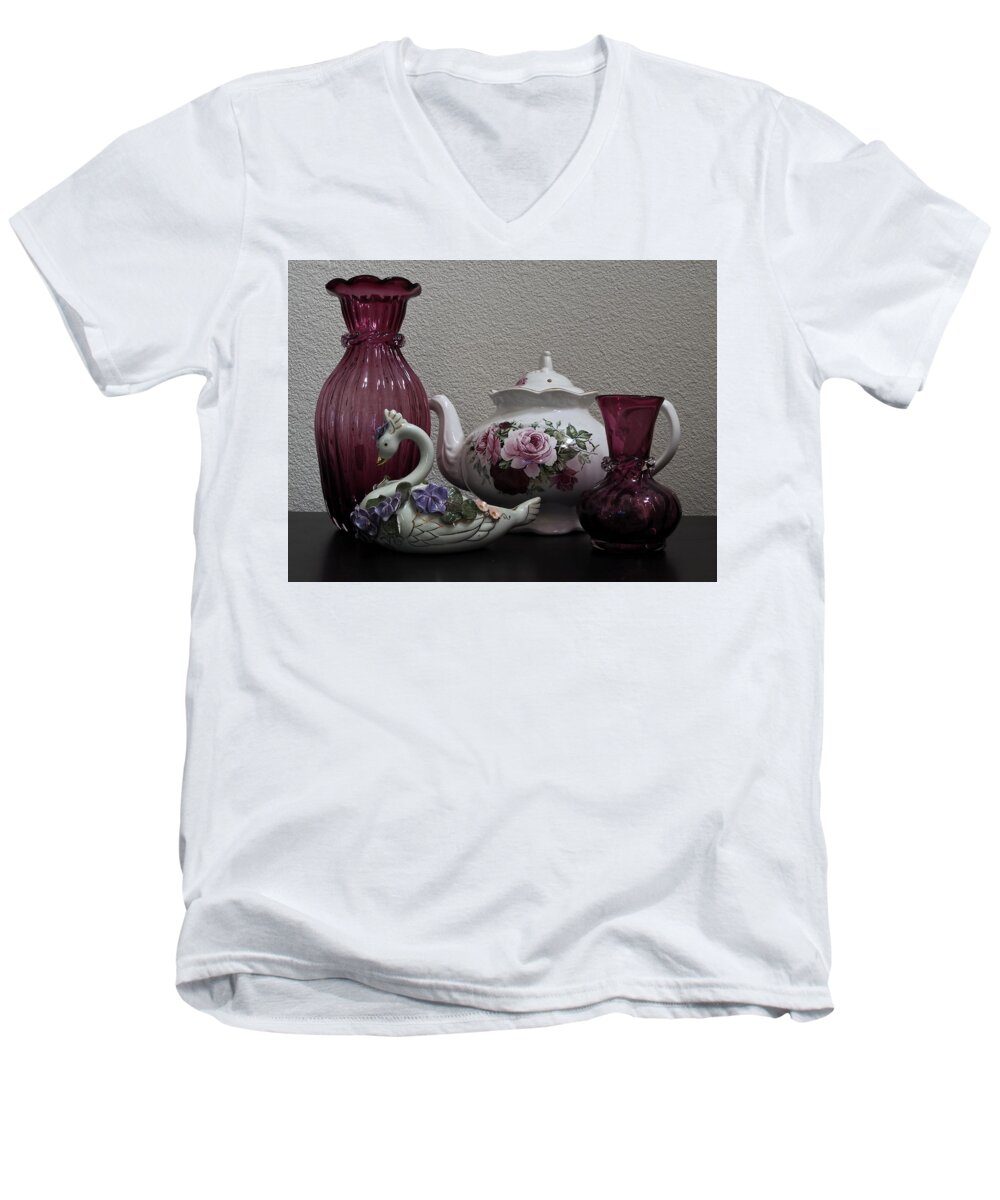 Tea Pot Men's V-Neck T-Shirt featuring the photograph Tea Pot and Cranberry Glass by Richard Thomas
