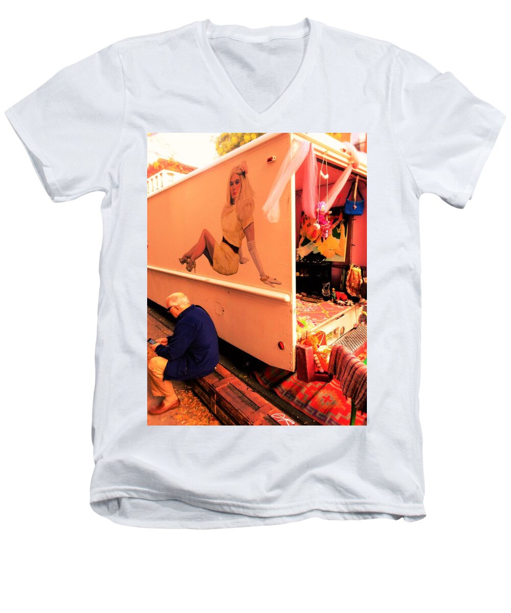 Man Men's V-Neck T-Shirt featuring the photograph Texting under a sexy lady's watchful eye by Funkpix Photo Hunter