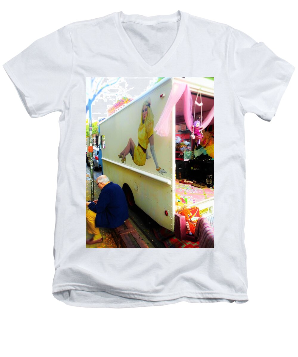 Man Men's V-Neck T-Shirt featuring the photograph Texting under her watchful eye by Funkpix Photo Hunter