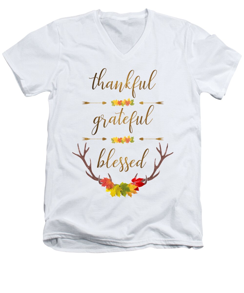 Thankful Men's V-Neck T-Shirt featuring the digital art Thankful grateful blessed Fall Leaves Antlers by Georgeta Blanaru