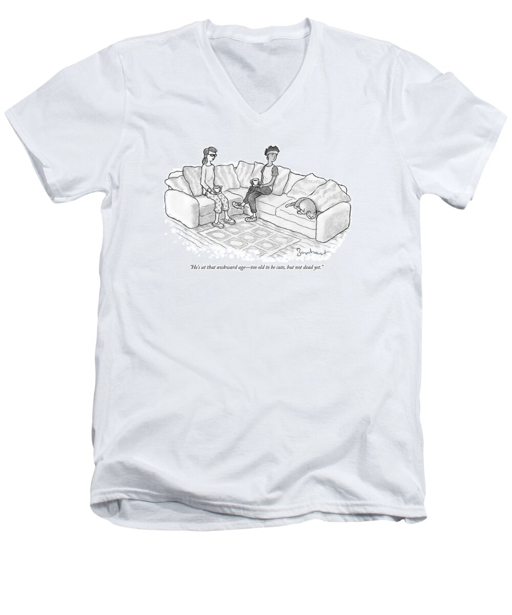 Cat Men's V-Neck T-Shirt featuring the drawing That awkward age by David Borchart